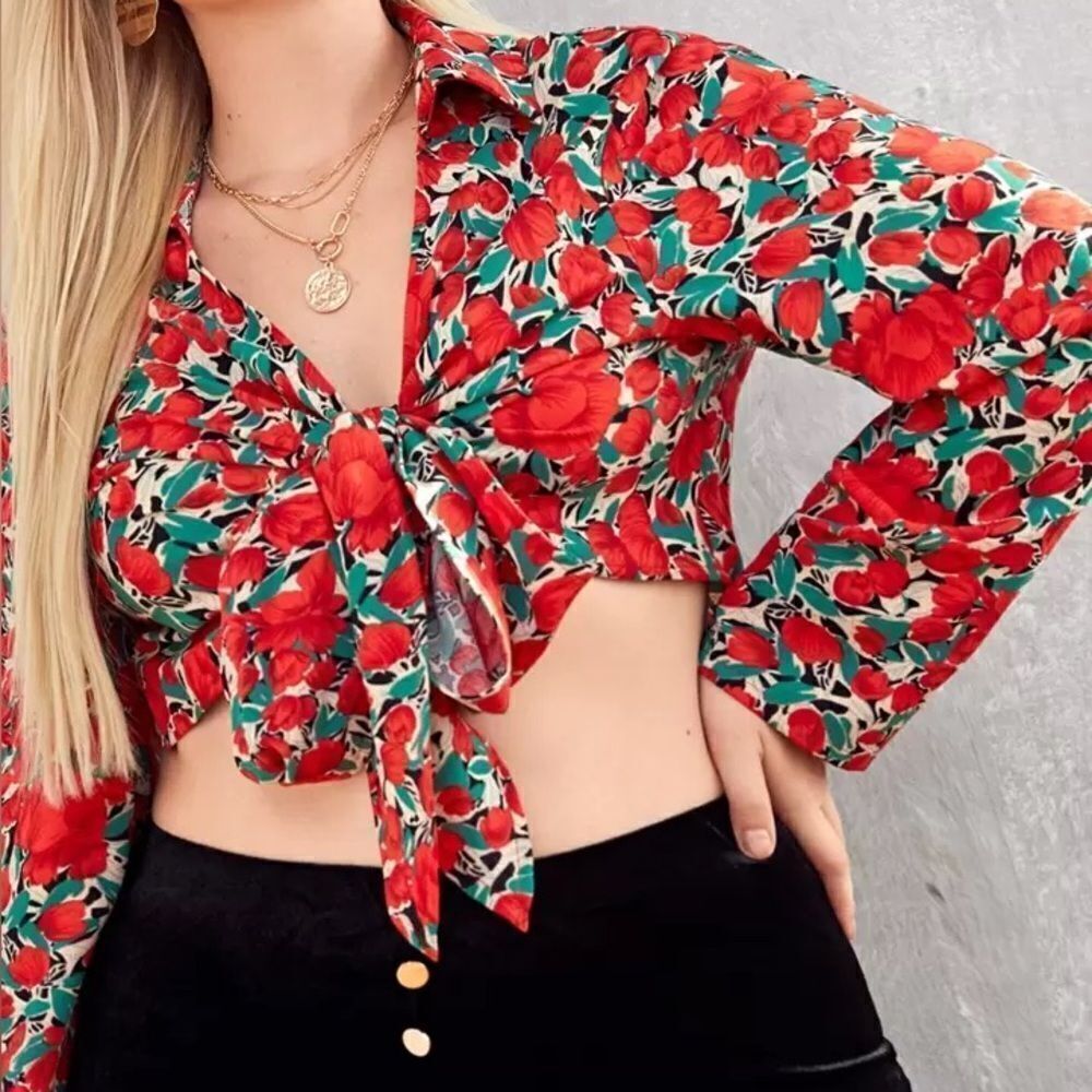 2/$20 SHEIN Tie Front Allover Rose Floral Collar Crop Top Blouse
